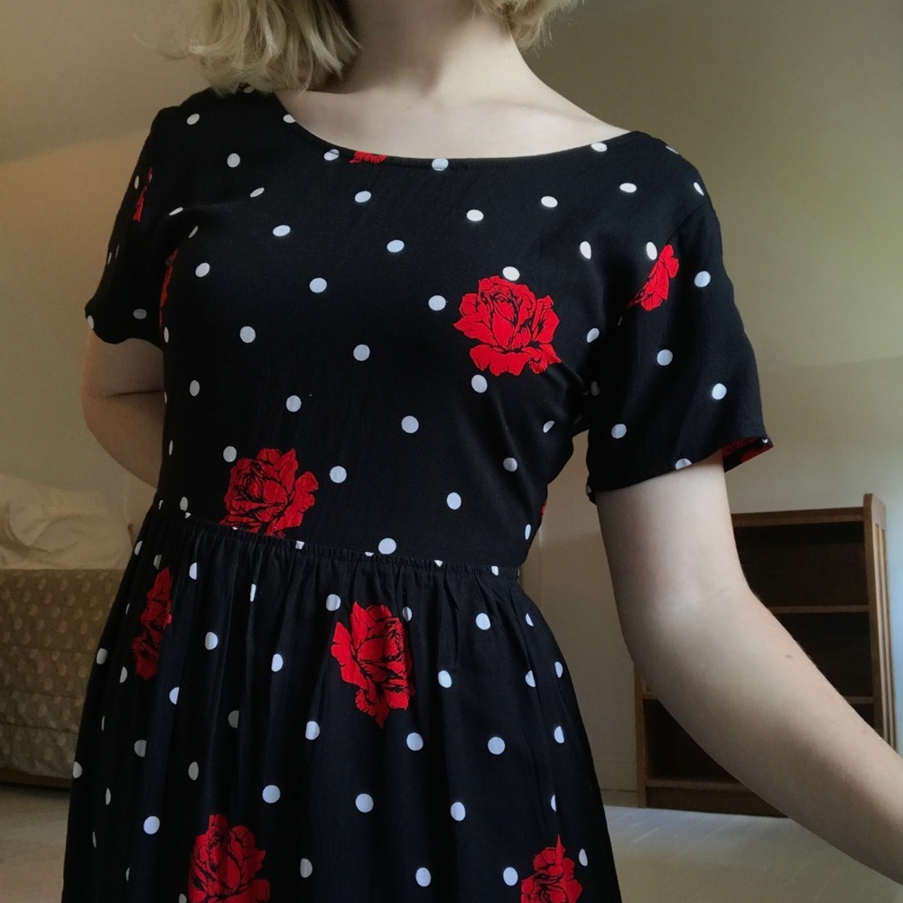 CLEARANCE rose polka dot black babydoll dress